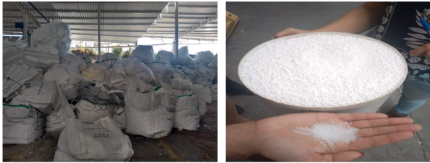 EPSs coletados pela Isofort e armazenados para passarem pelo processo de reciclagem (à esquerda) e EPS virgem, que pode ser misturado ao reciclado para a fabricação de vários produtos (à direita)